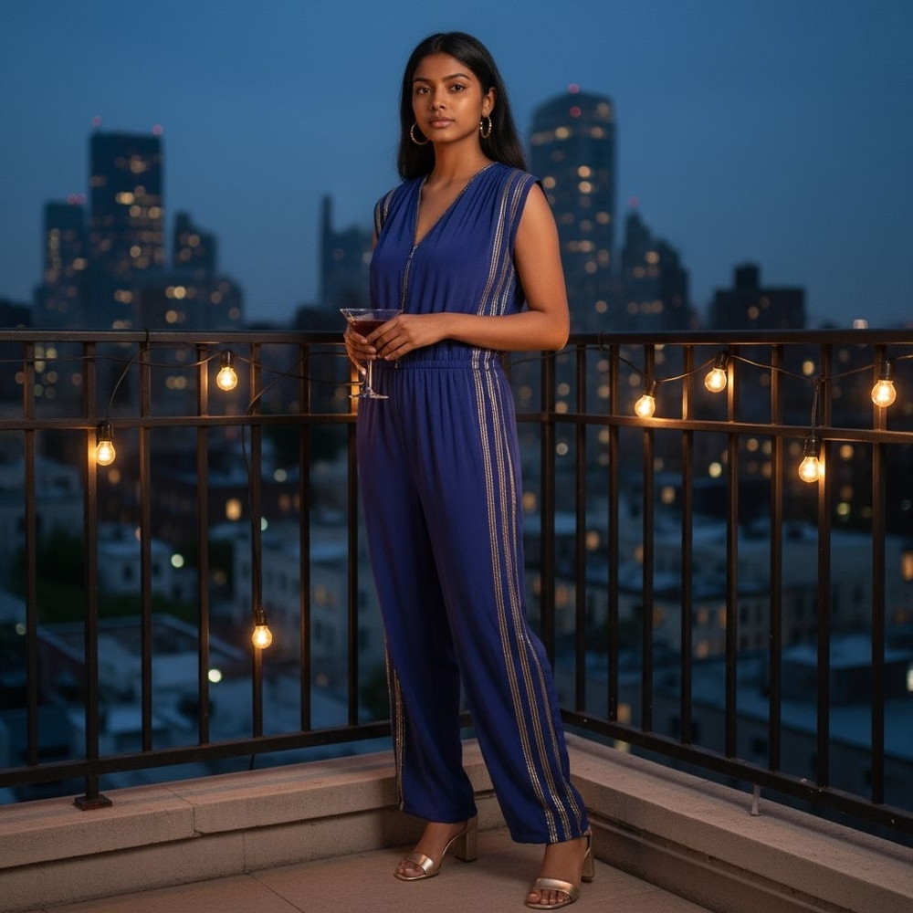 Vintage Alka for Marco Polo Blue Gold Trim Jumpsuit  S Rayon India 80s Bollywood